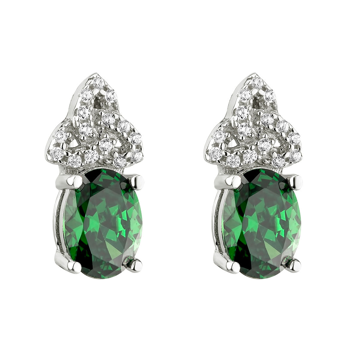  Silver Green Cz Trinity Knot Stud Earrings