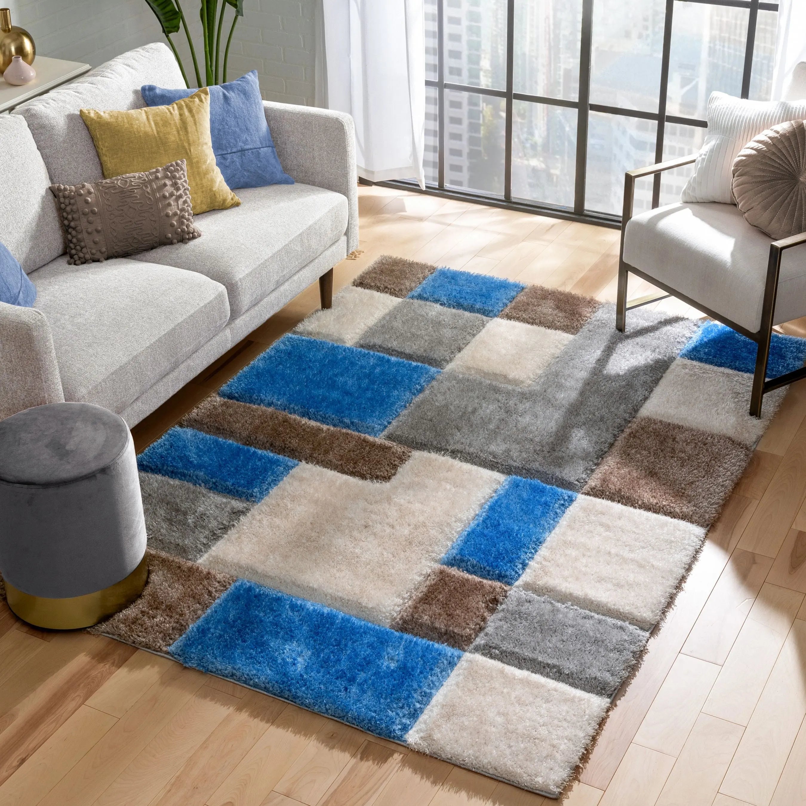 Escondido Modern Geometric Boxes Shag Light Blue 3D Textured Thick & Soft Shag Rug、mySite、gigharbornorthrealestate