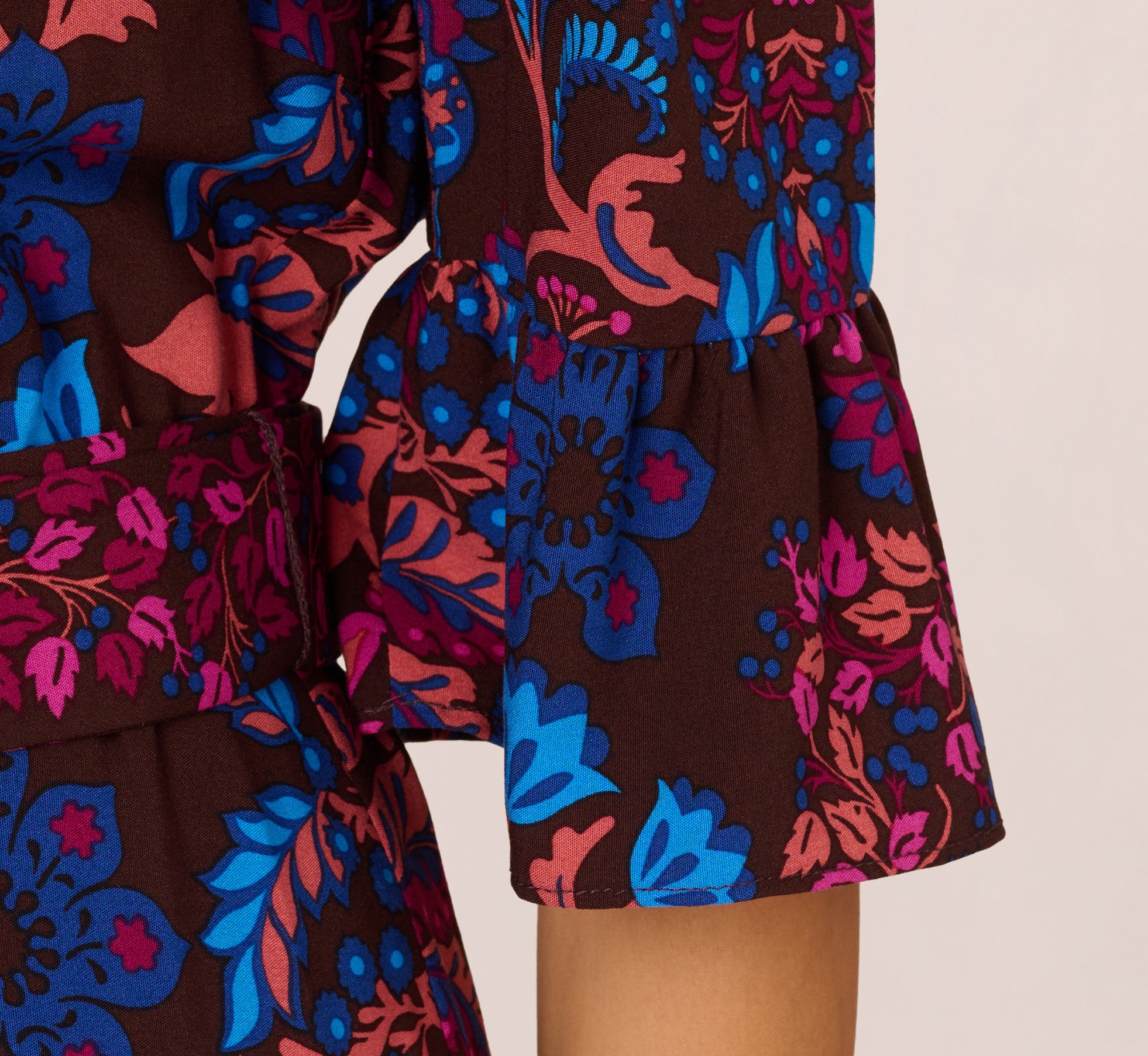 Abstract Print Button Down Dress With Three Quarter Bell Sleeves In Brown Multi、mySite、solidvoid