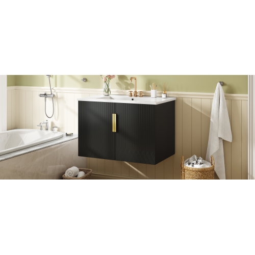 30" Vintage Bathroom Vanity with Ceramic Sink, with 3 Holes Single Ceramic Sink, Bathroom Storage Vanity Cabinet with 2 Soft Closing Doors、、xpatfood