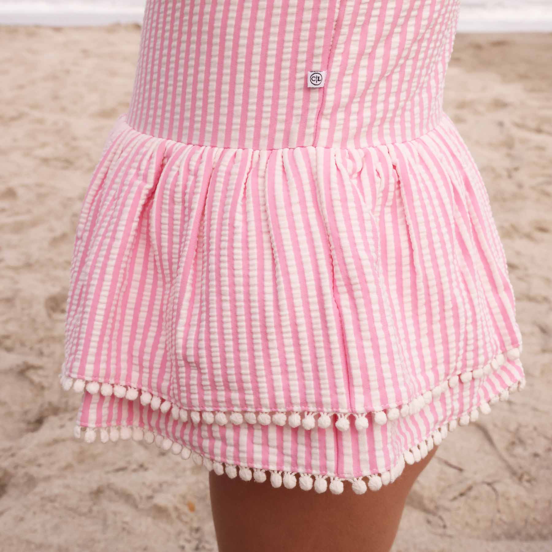  Tiered Skirt with White Pom Trim | Seersucker Dusty Pink、mySite、layawaytickets