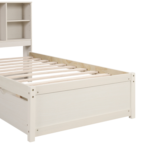 Modern Twin Size Bed Frame With Built-in USB Port on Bookcase Headboard and 2 Drawers for Walnut Color、、xpatfood
