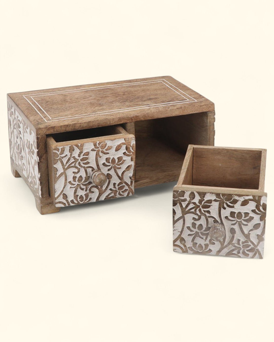 Small Tabletop Carved Wood Lotus Pedestal Riser With Drawers、mySite、topwebapps