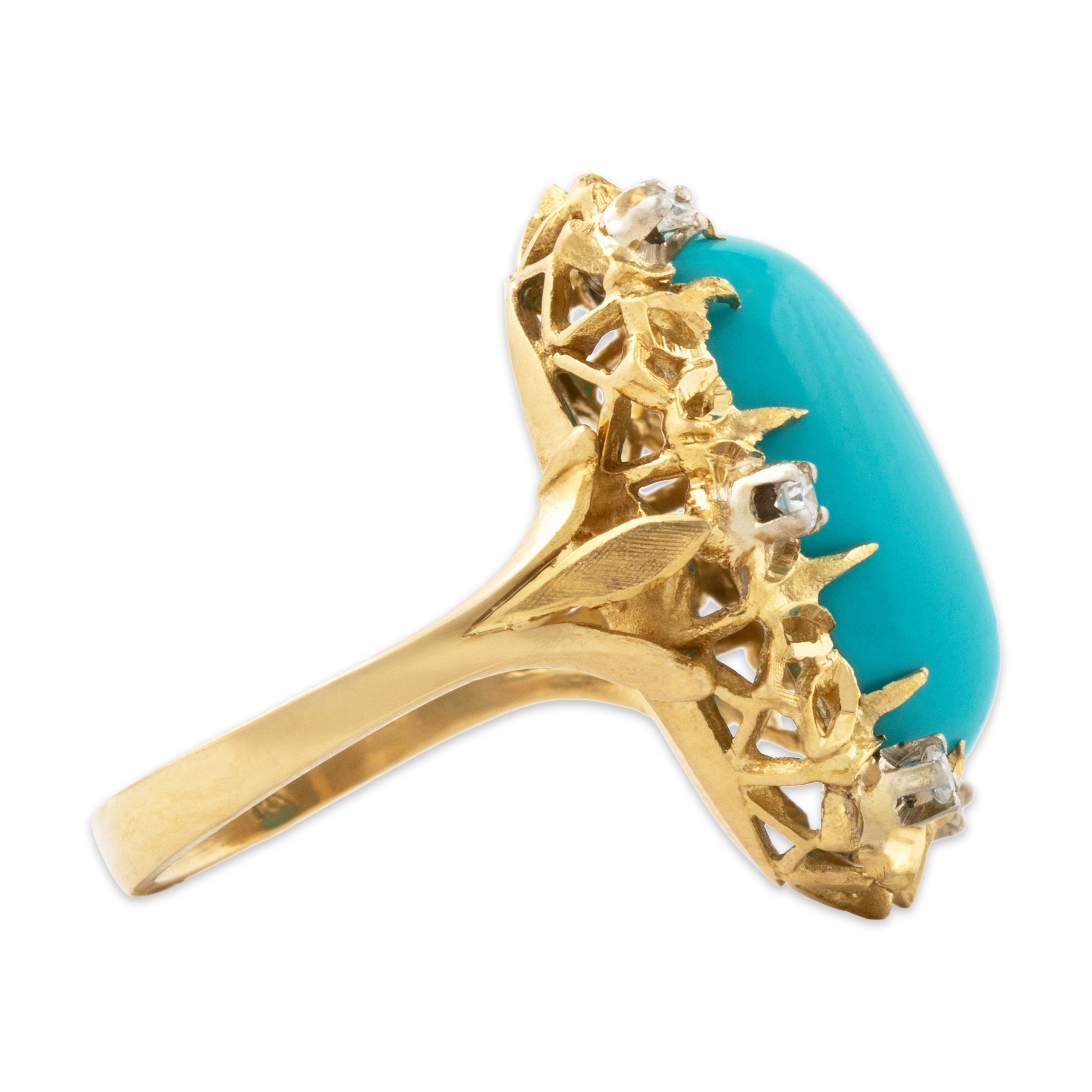 Vintage Large 18k Yellow Gold 10.2ct Turquoise .21cttw Diamond Brutalist Ring、mySite、hinf8tx79