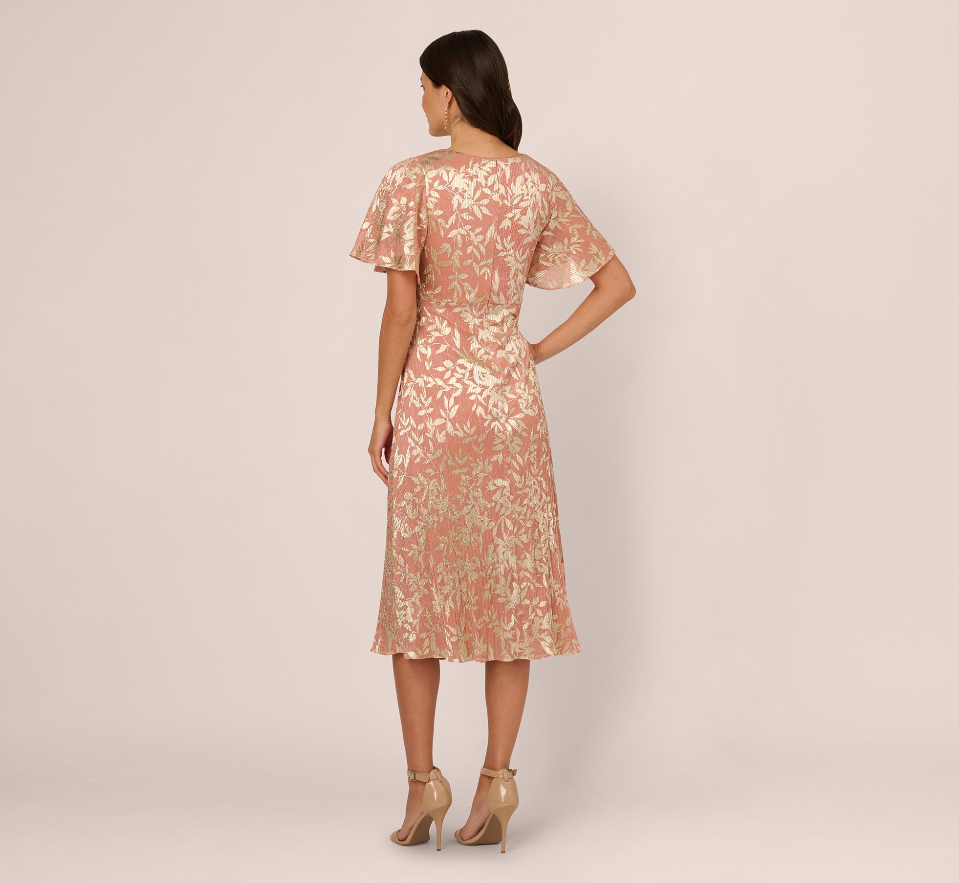 Flutter Sleeve Draped Foil Leaf Midi Dress In Coral Gold、mySite、solidvoid