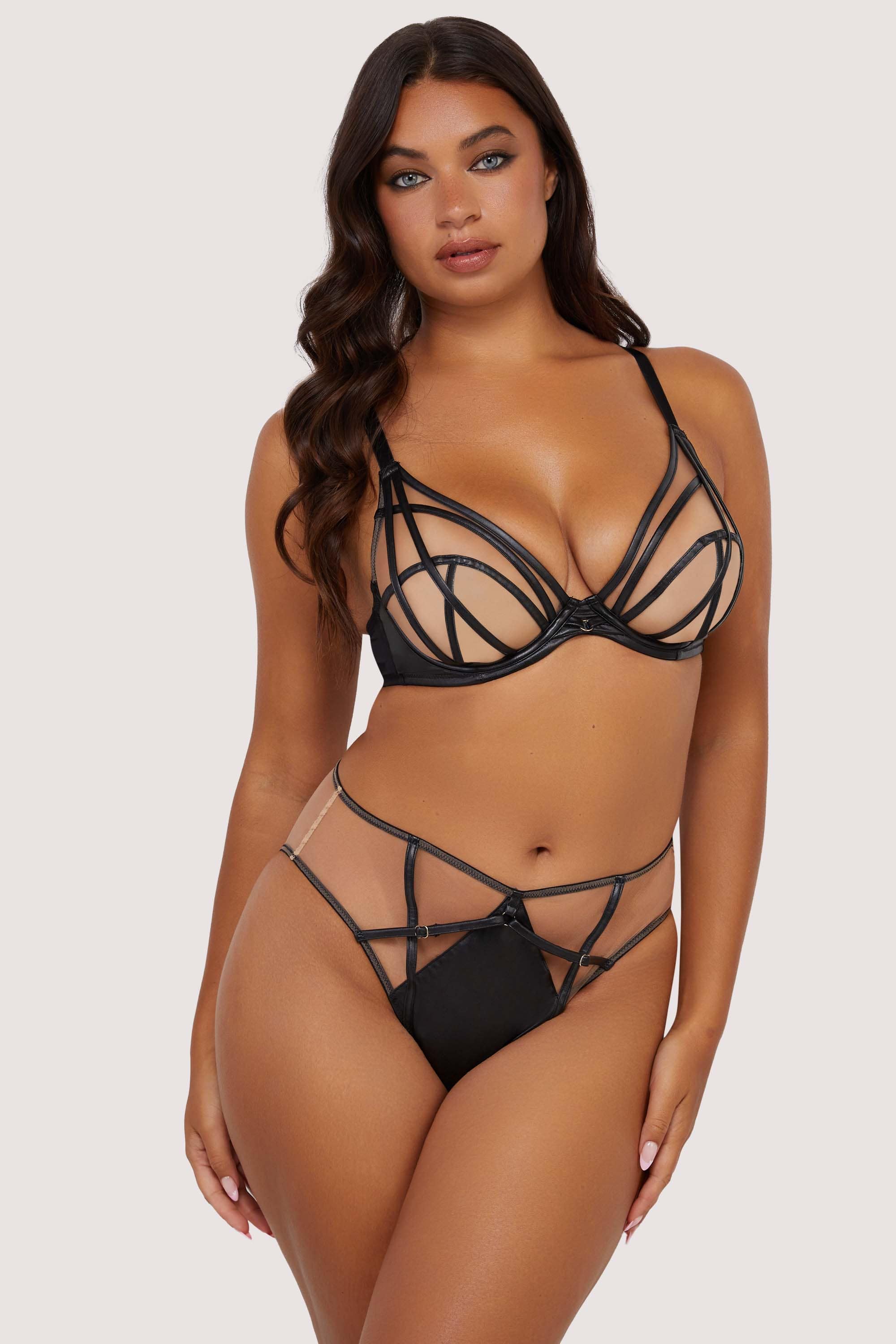 Ramona Black Leatherette Strap Detail Illusion Mesh High Waisted Brief、mySite、bengalsvssteelers