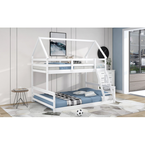 Twin over Twin Low Bunk Bed, House Bed with Ladder , Gray(OLD SKU:WF197808AAE)、、casual