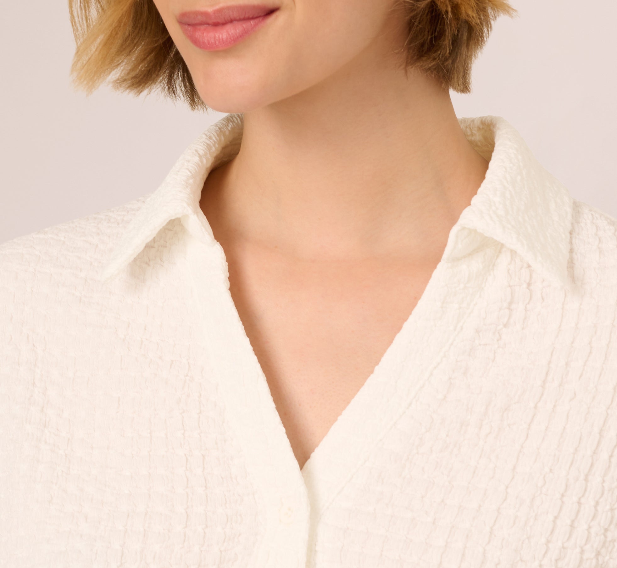 Cap Sleeve Semisheer Textured Button Front Top In Ivory、mySite、solidvoid