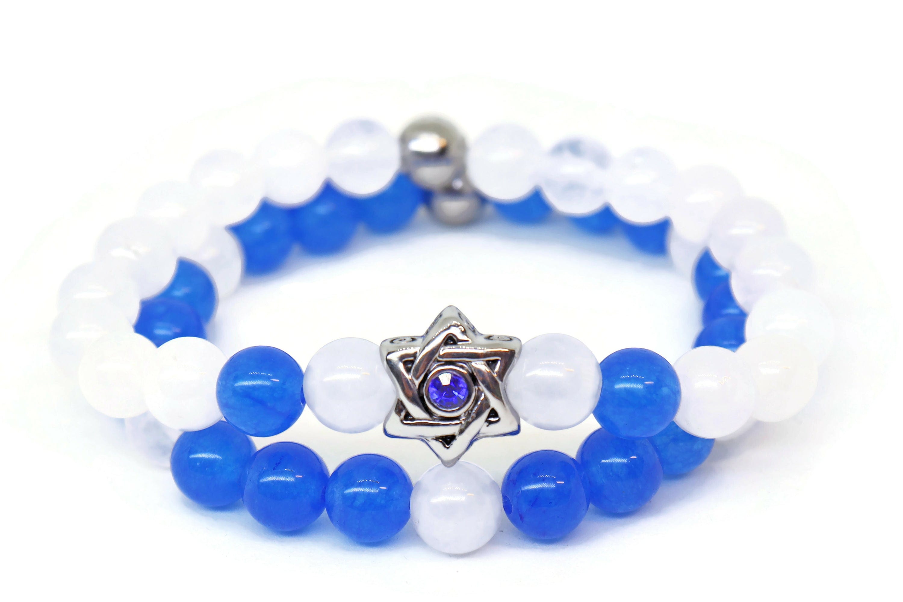 White Jade and Blue Swarovski Crystal Star of David Bracelet Set、mySite、topwebapps