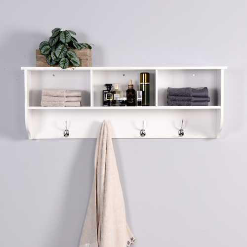 White Entryway Wall Mounted Coat Rack with 4 Dual Hooks Living Room Wooden Storage Shelf、、casual