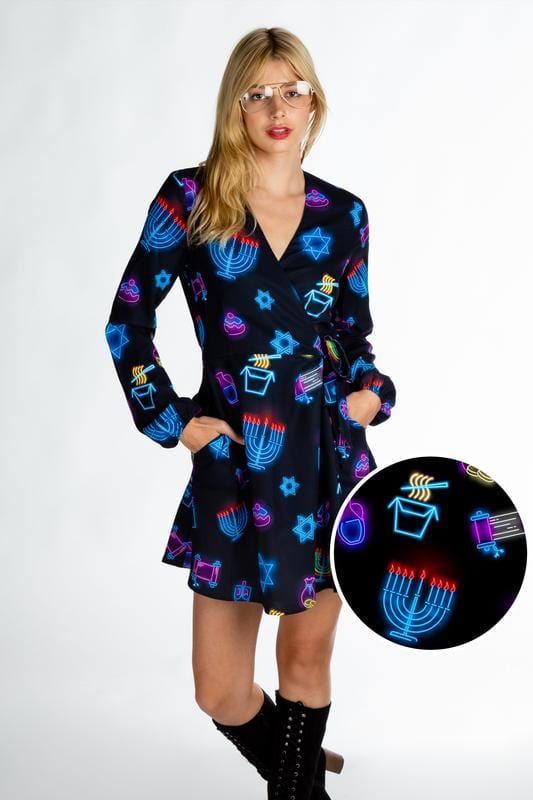 The Latke'd & Loaded Neon Hanukkah Wrap Dress、mySite、topwebapps