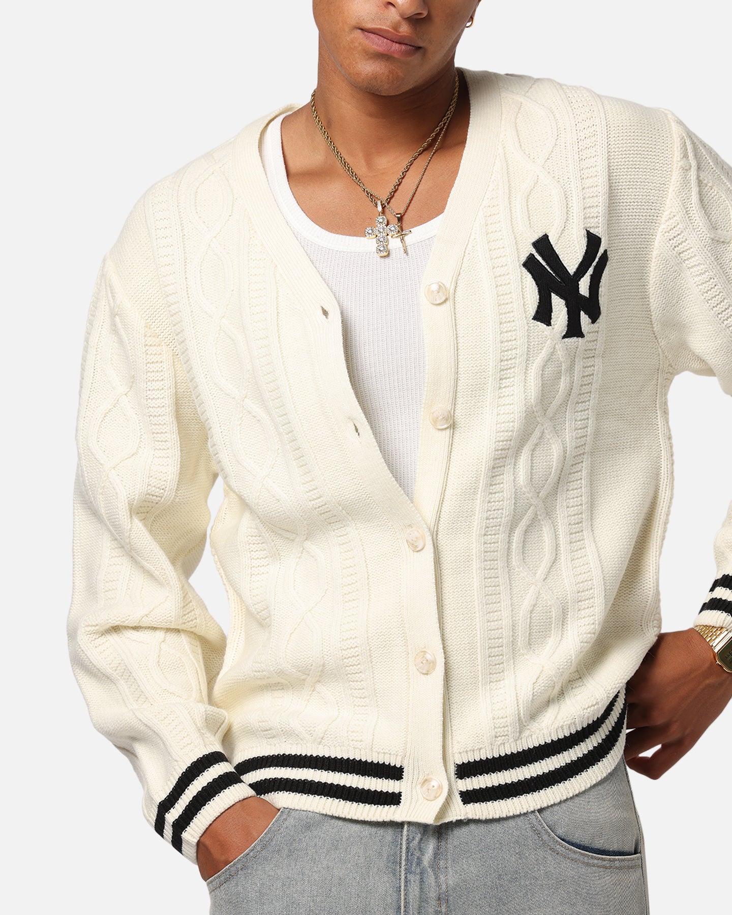 Majestic Athletic New York Yankees Boxy Cardigan Vintage White、mySite、zt4zffjzw