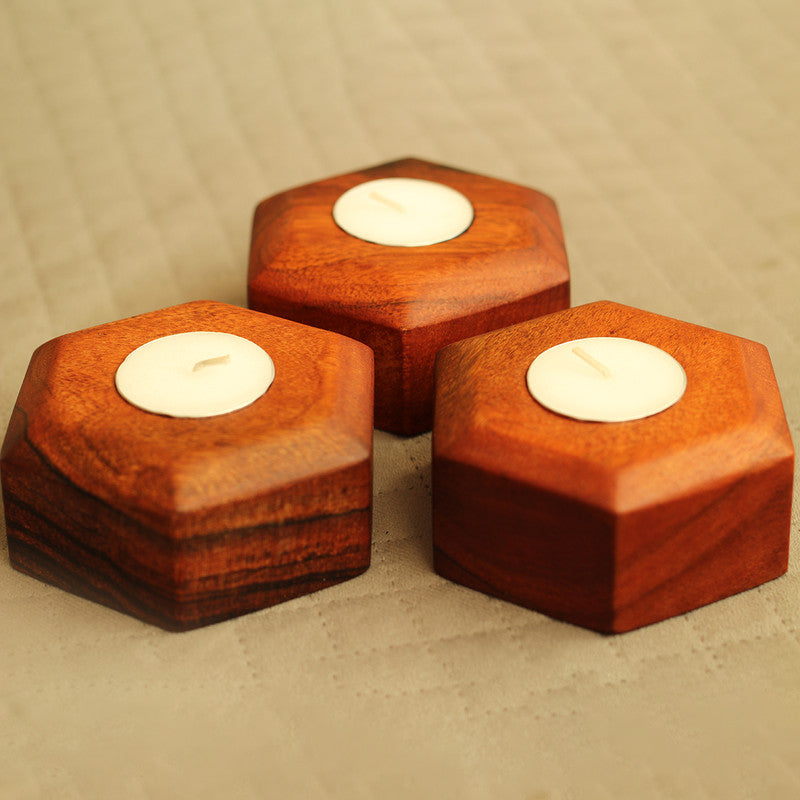 Acacia Wood Tea Light Candle Holders | Brown | Set of 3、mySite、camillekostekn