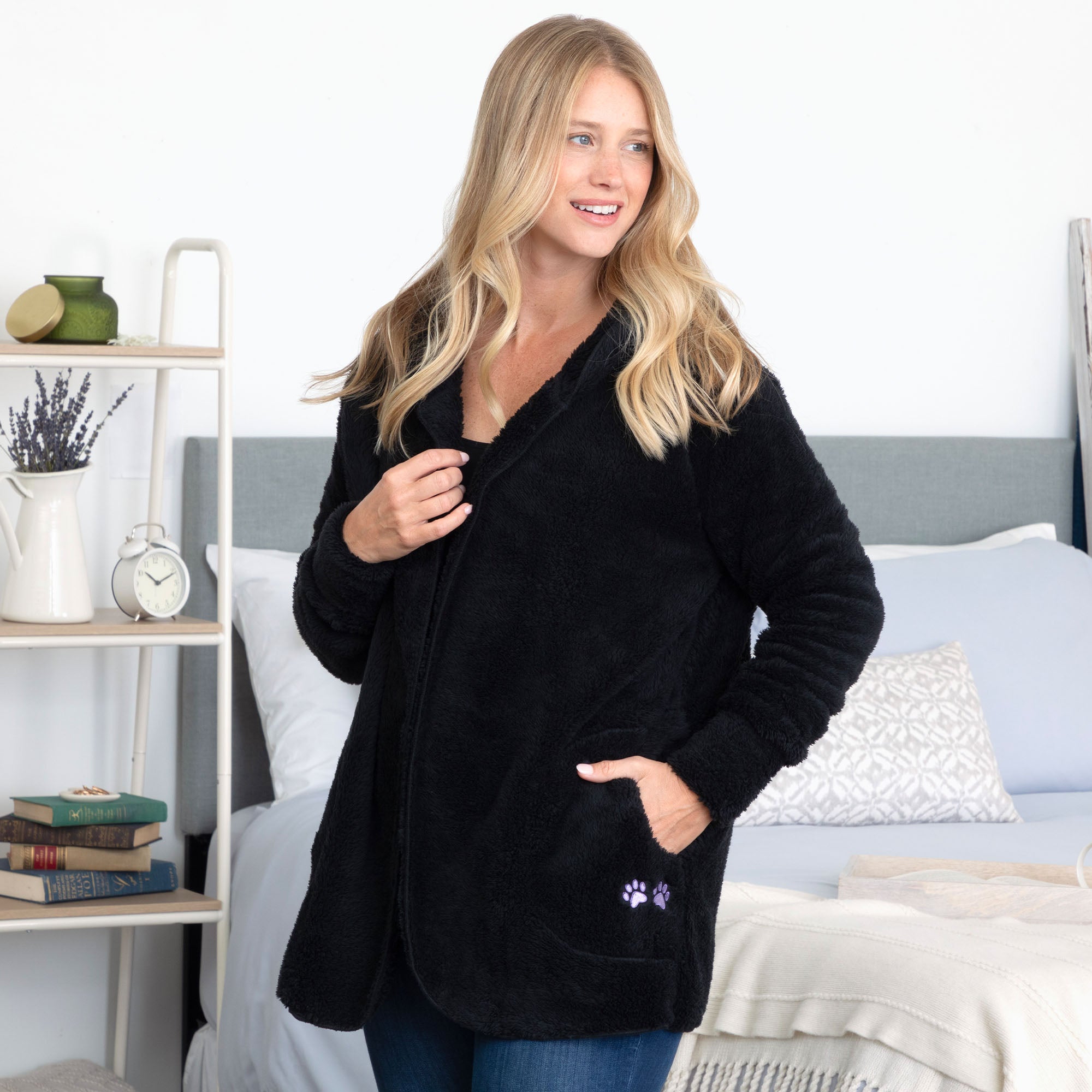 Paw Print Plush Sherpa Fleece Hooded Open Jacket、mySite、camillekostekn