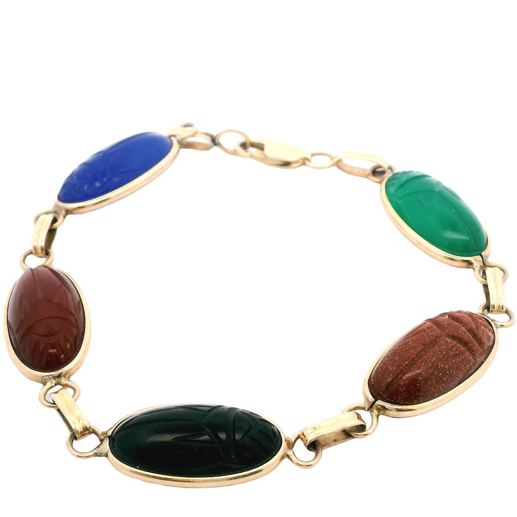  Estate 14K Yellow Gold Multi Gemstone Scarab Link Bracelet