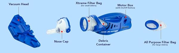 Pool Blaster Max CG parts: vacuum head. nose cap. X-Treme Multilayered filter bag. debris chamber