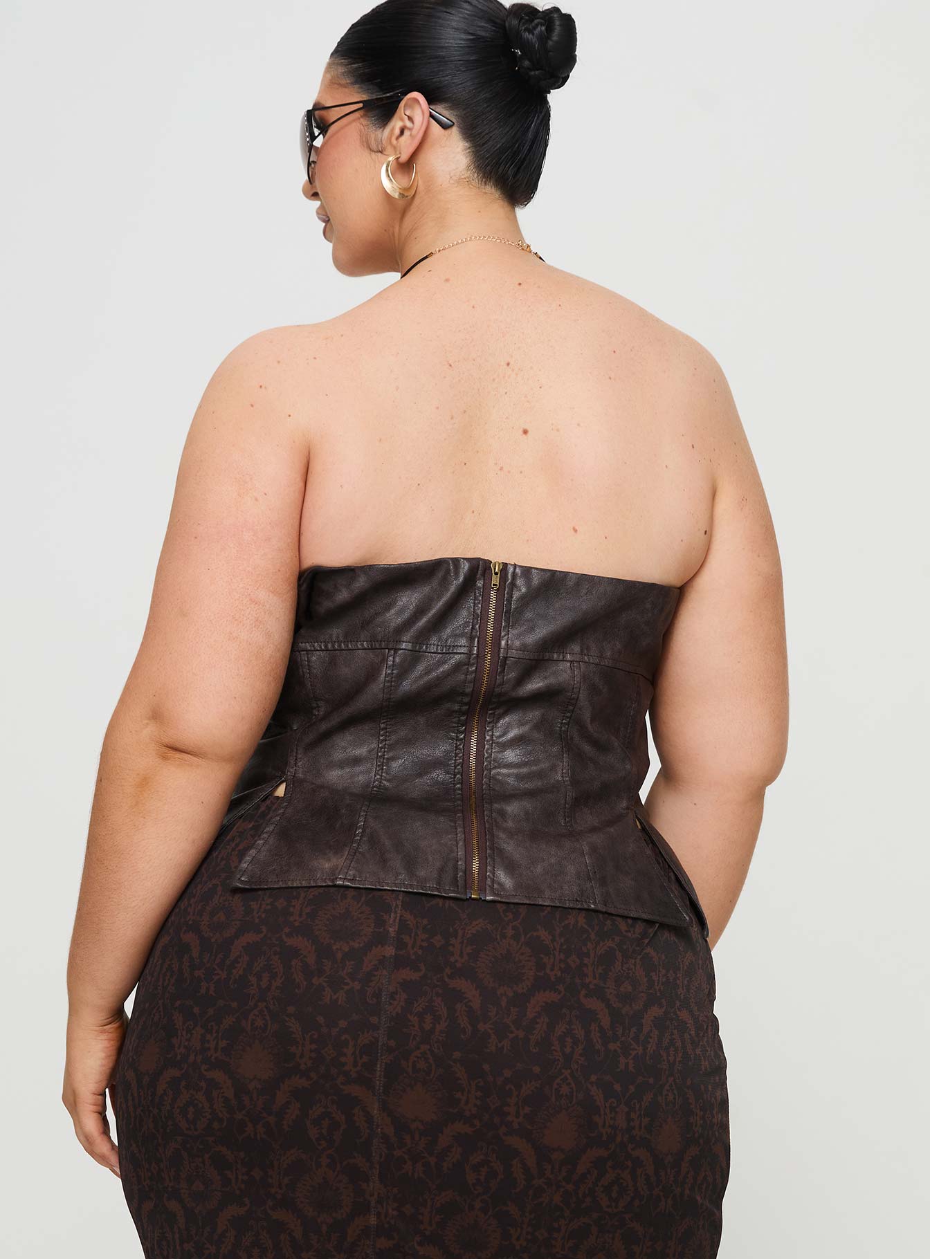 Afraid Strapless Faux Leather Top Brown Curve、mySite、solidvoid