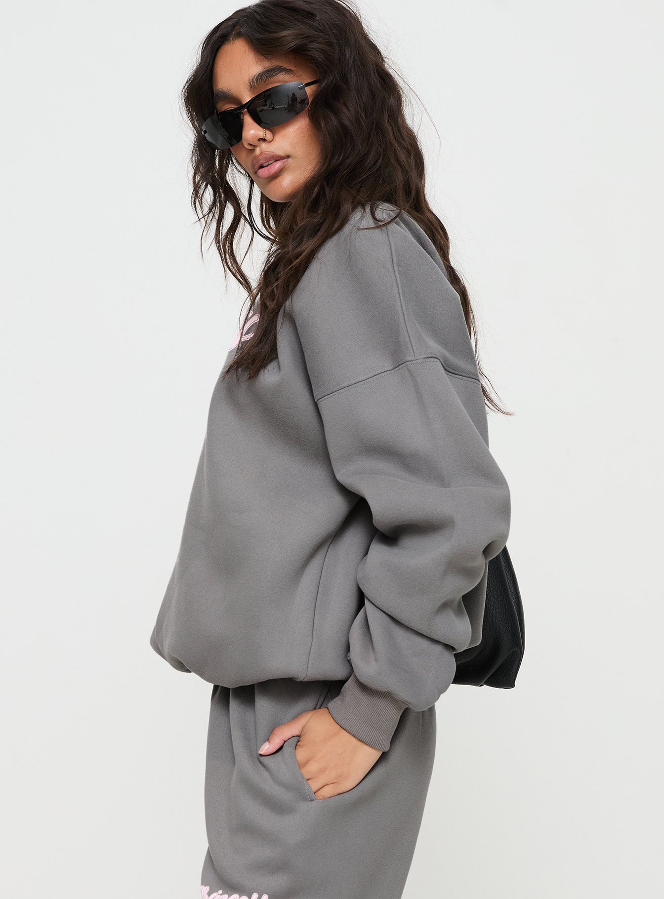 Princess Polly Crew Neck Sweatshirt Puff Text Charcoal、mySite、solidvoid