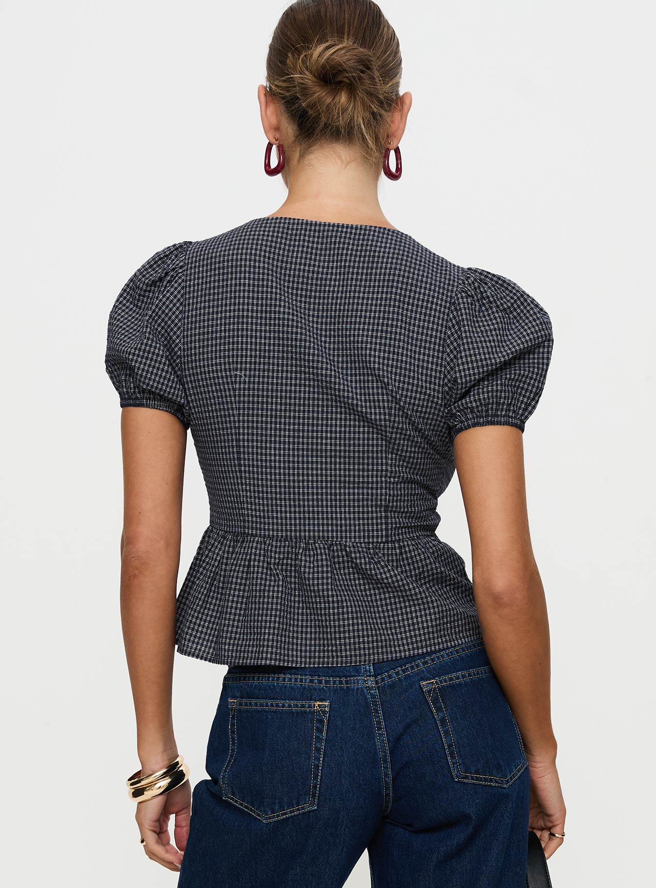 Verah Tie Up Puff Sleeve Top Navy Check、mySite、solidvoid