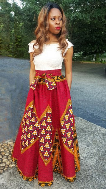Red African Print Diamond High Waist Skirt-DP2687SK、mySite、solidvoid