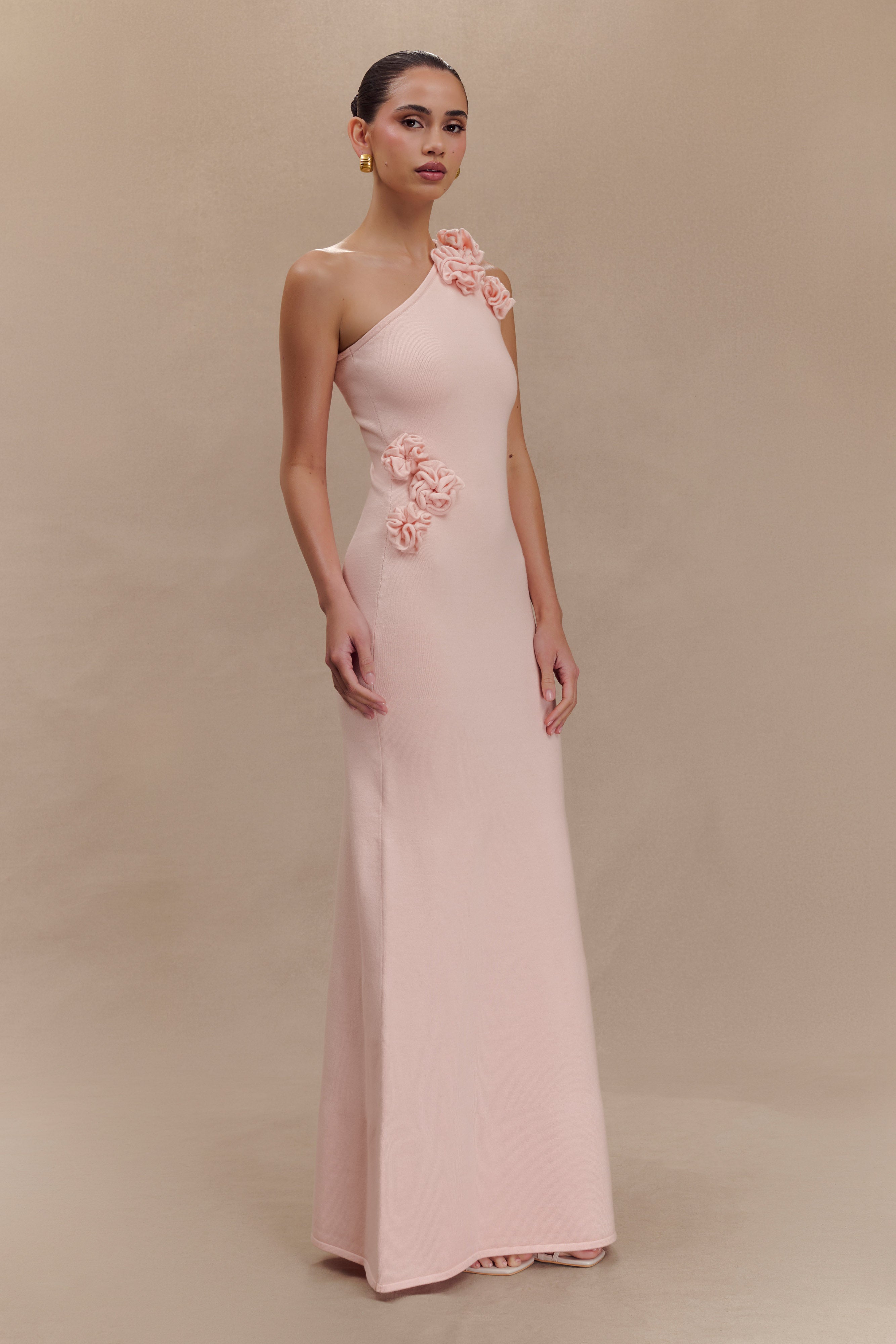 Paloma One Shoulder Knit Maxi Dress With Flowers - Baby Pink、mySite、solidvoid