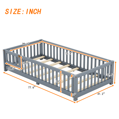 Twin Size Bed Floor Bed with Safety Guardrails and Door for Kids, Natural(Old SKU: W158090686)、、casual