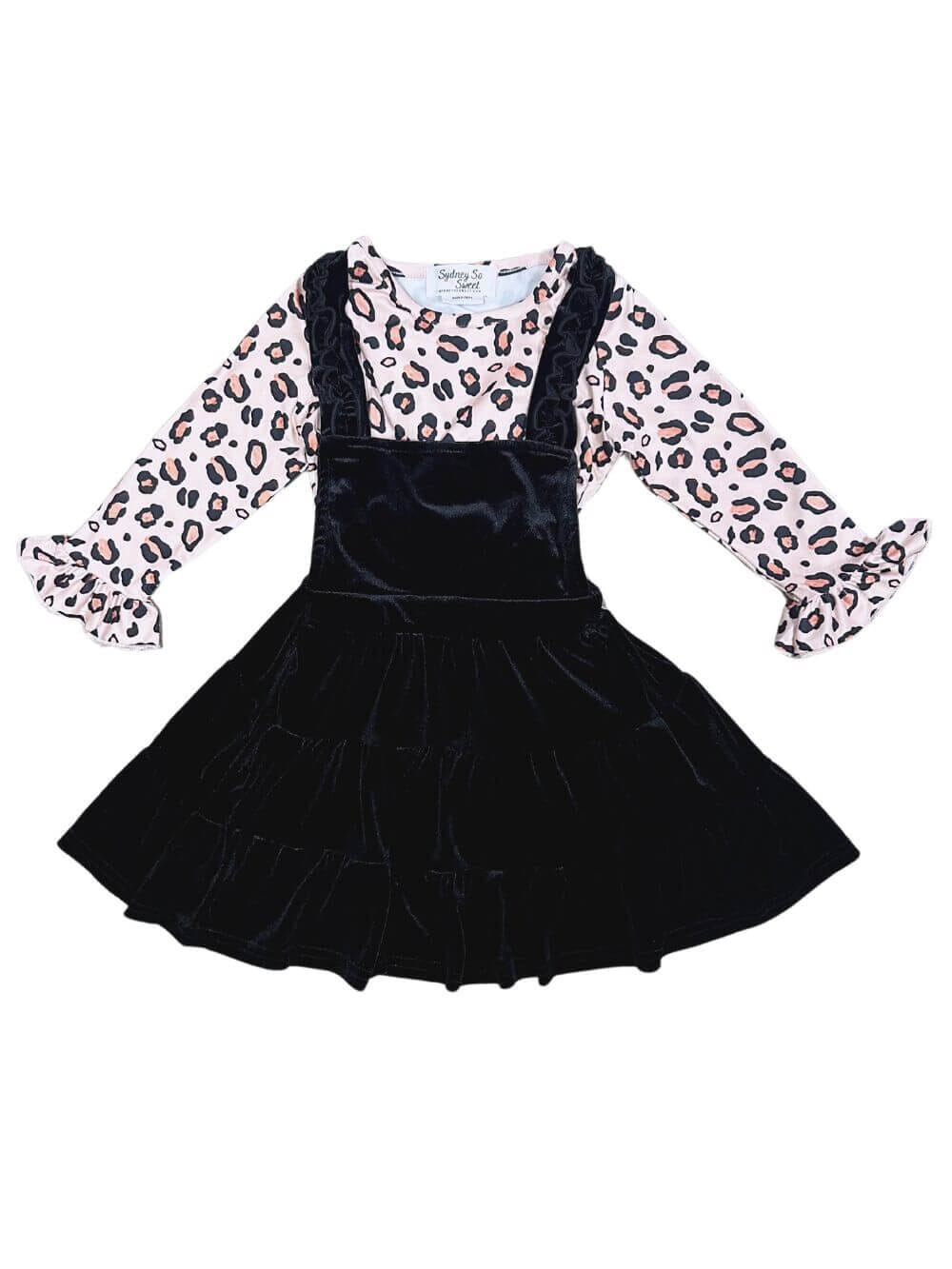 Pale Pink Cheetah Black Velvet Ruffle Girls Jumper Dress Set、mySite、camillekostekn