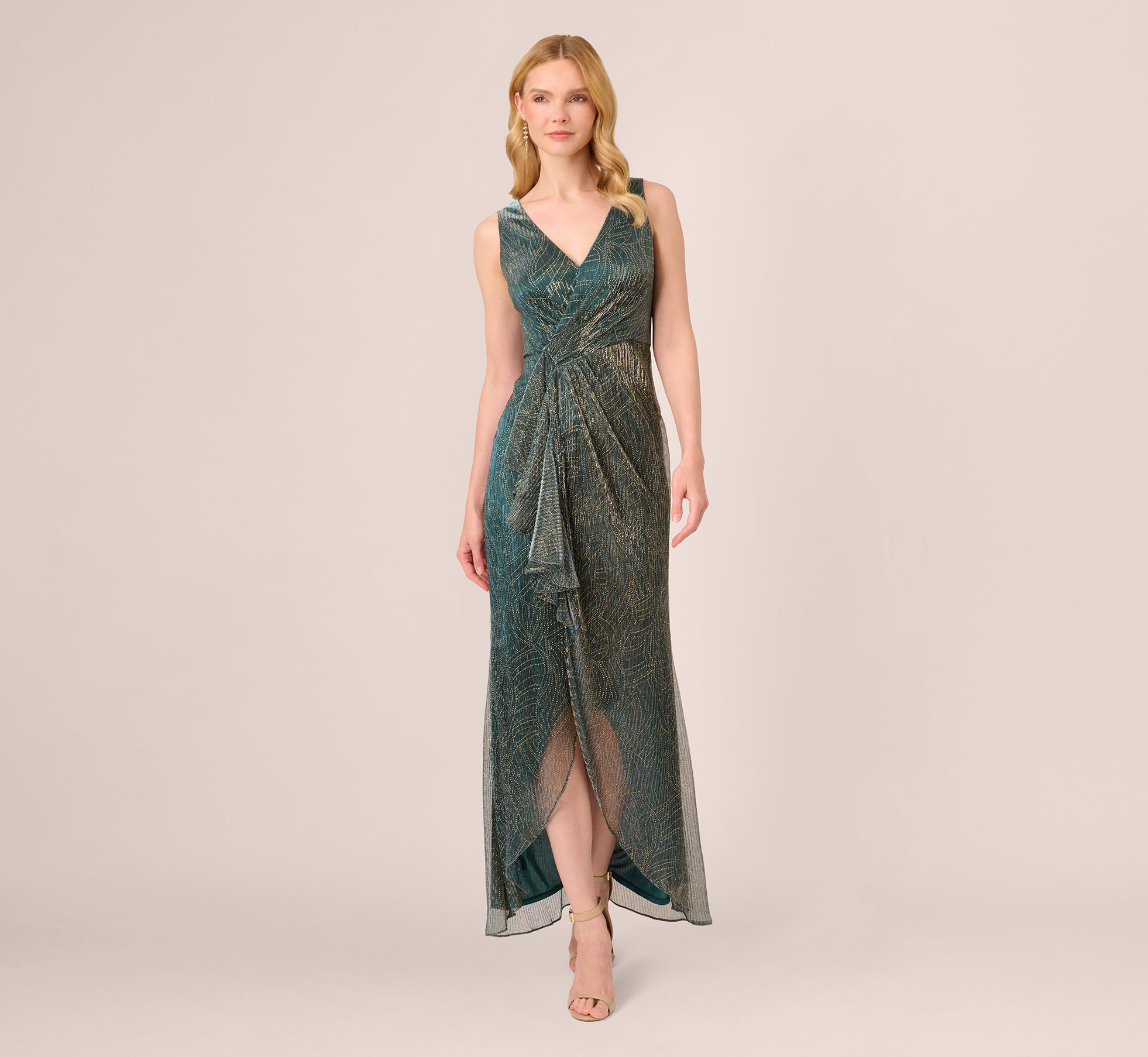 Metallic Mesh Faux Wrap Gown With Ruffle Accents In Evergreen、mySite、solidvoid
