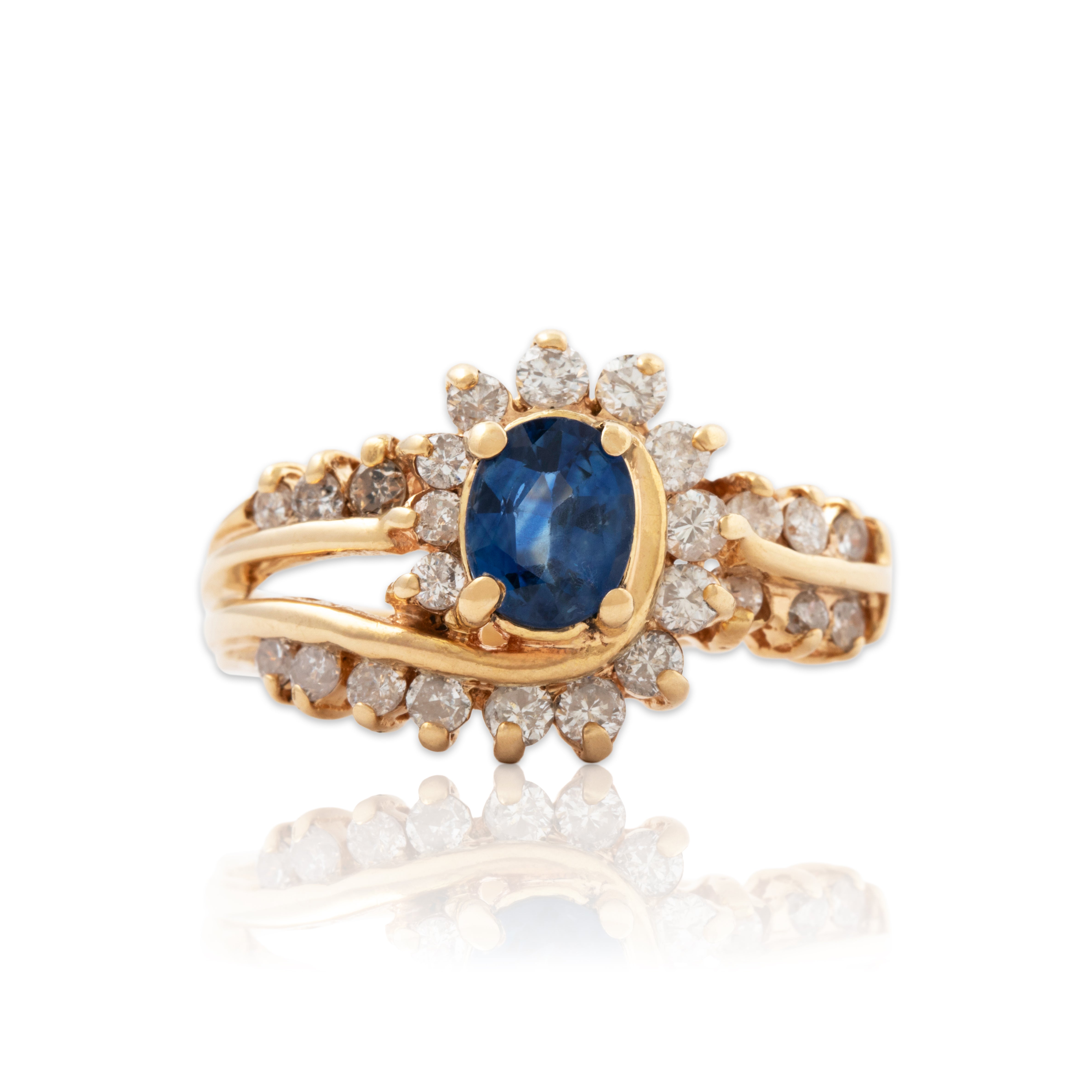 Vintage 14k Yellow Gold Blue Sapphire .656cttw Diamond Swirling Halo Ring、mySite、hinf8tx79