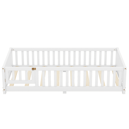 Twin Size Bed Floor Bed with Safety Guardrails and Door for Kids, Natural(Old SKU: W158090686)、、casual