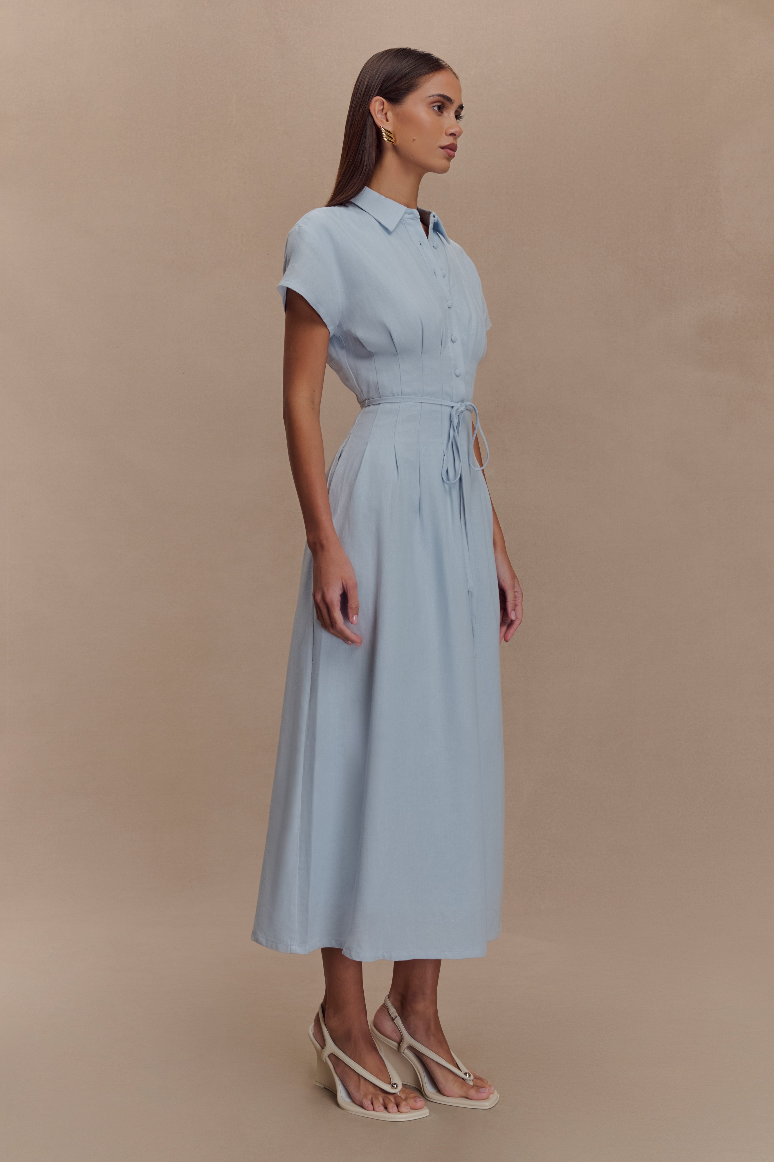 Aysha Buttoned Linen Midi Dress - Cornflower Blue、mySite、solidvoid