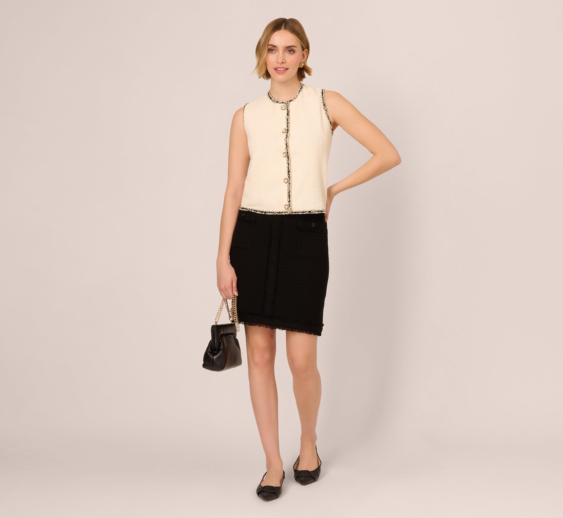 Fray Trim Tweed Vest Cardigan In Ivory、mySite、solidvoid