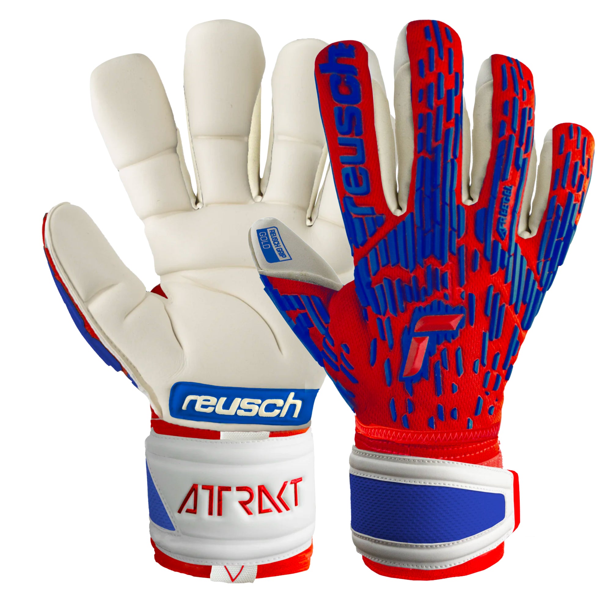 Reusch Men's Attrakt Freegel Gold Fingersave Goalkeeper Gloves Red/Blue、mySite、noshort