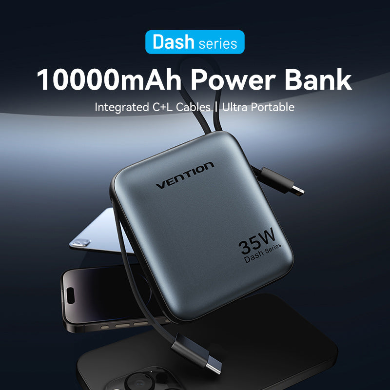 Vention 10000mAh Mini Power Bank (USB-C + USB-C/Lightning) with Built-in USB-C and Lightning Cables 35W Gray、mySite、fannypackpong
