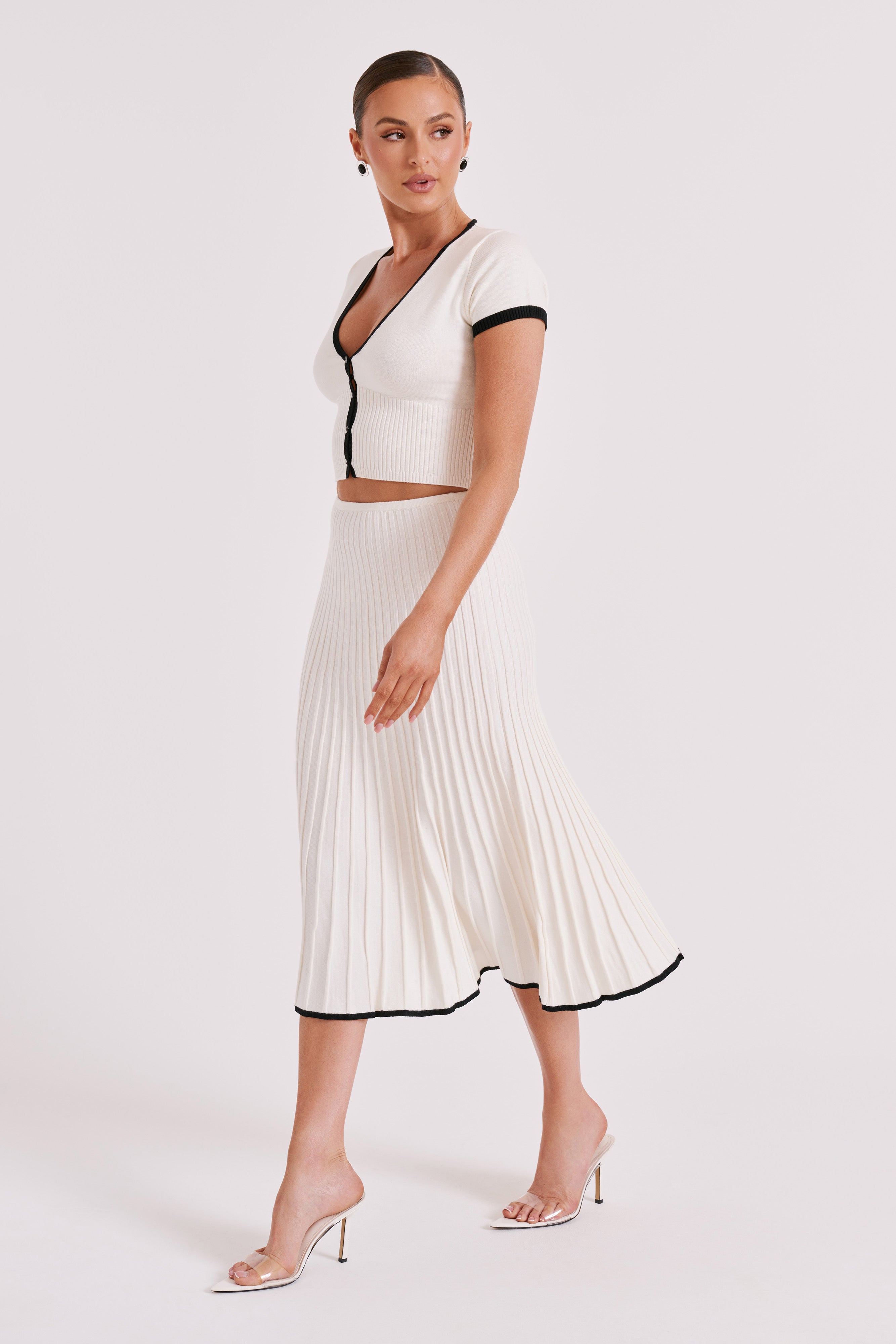 Jolene Contrast Rib Knit Midi Skirt - White、mySite、solidvoid