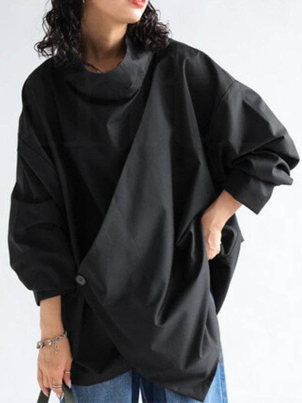 High Neck Loose Fit Solid Color Long Sleeve T-shirt Top、mySite、dreamappss