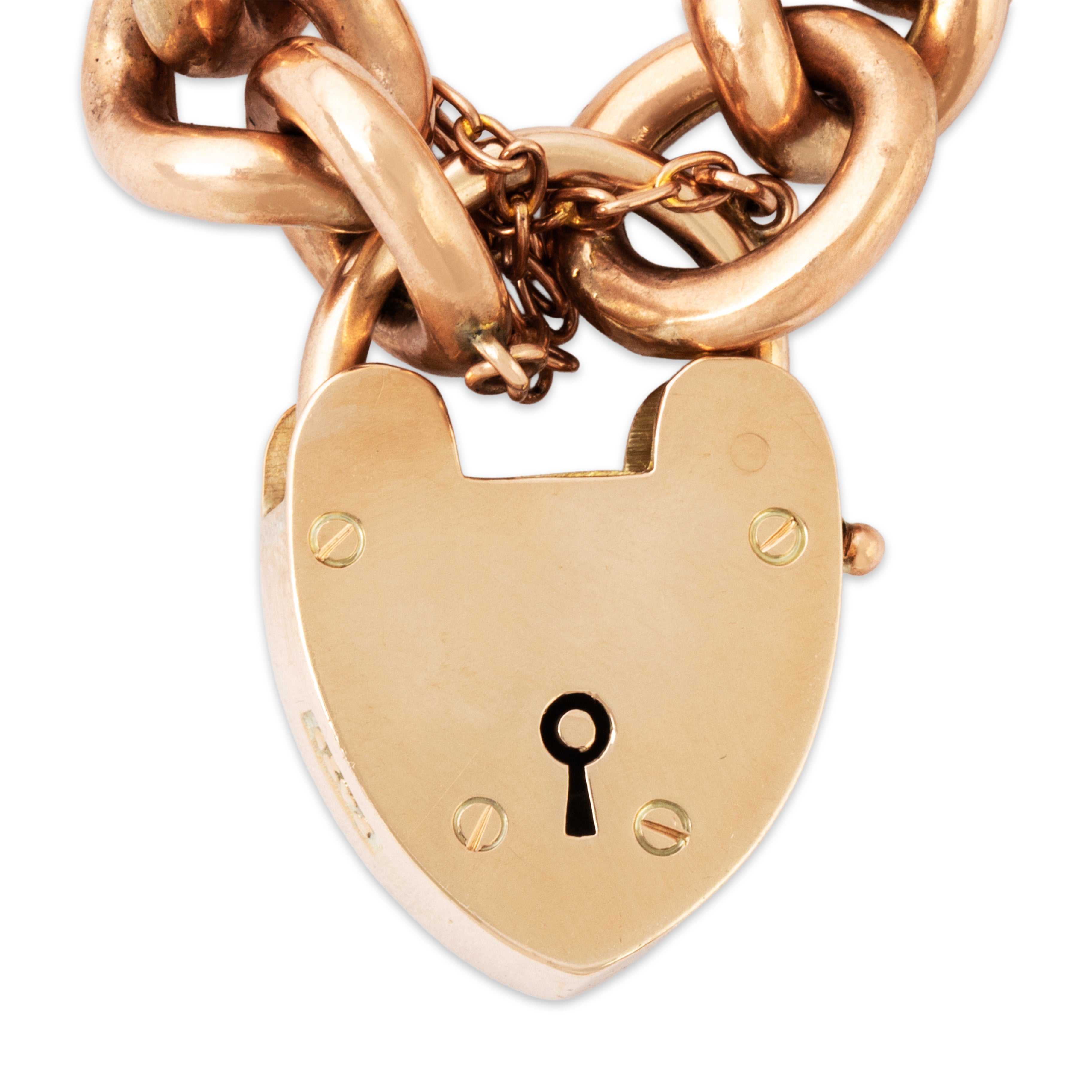 Antique English 9k Rose Gold Heart Lock Fabulous Curb Link Bracelet 7.25、mySite、hinf8tx79