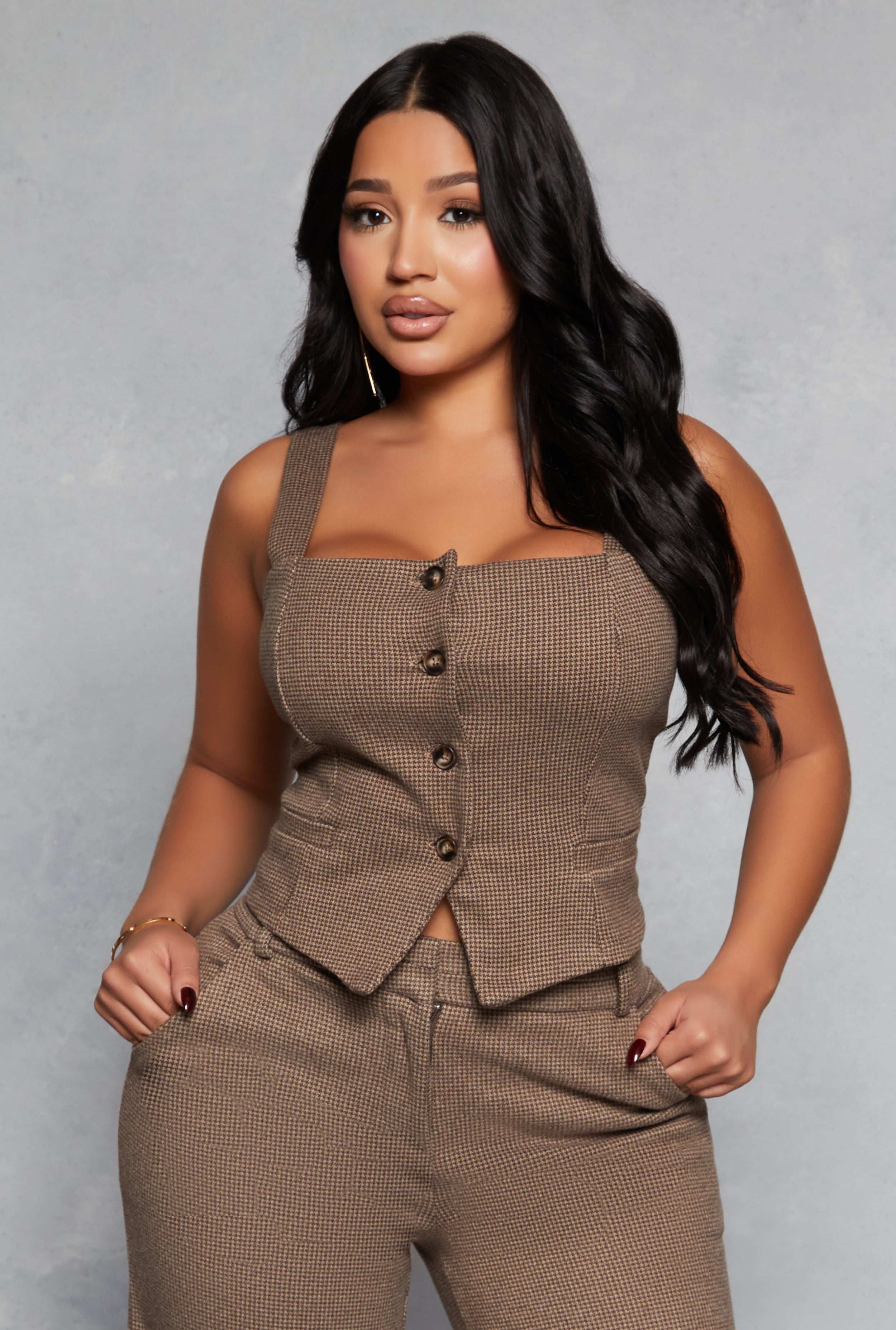 Houndstooth Square Neck Button Front Vest、mySite、camillekostekn