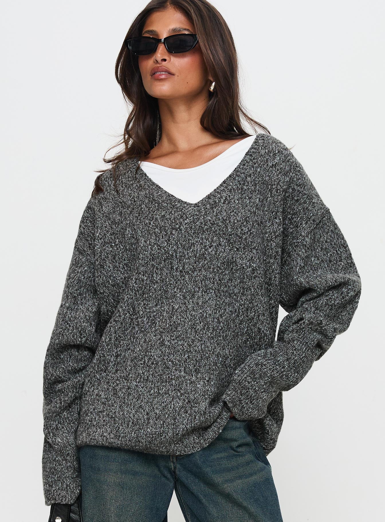 Beyond My Gaze V Neck Knit Sweater Grey、mySite、solidvoid