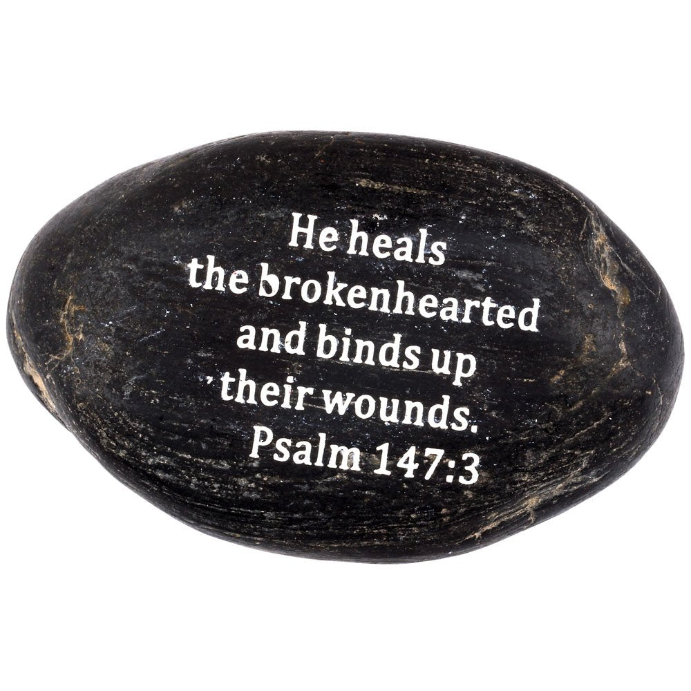 Holy Land Market Engraved Inspirational Scripture Biblical Black Stones Collection - Stone VII : Psalm 147:3 : He Heals The brokenhearted, and binds up Their Wounds、mySite、topwebapps