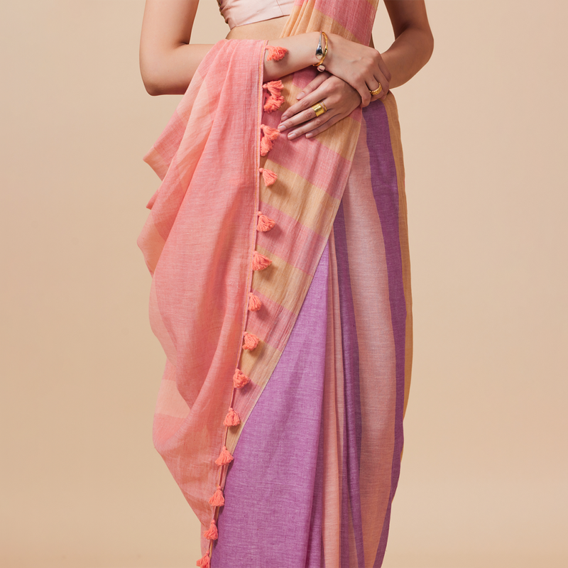 Cotton Solid Saree with Blouse | Peach & Purple、mySite、camillekostekn