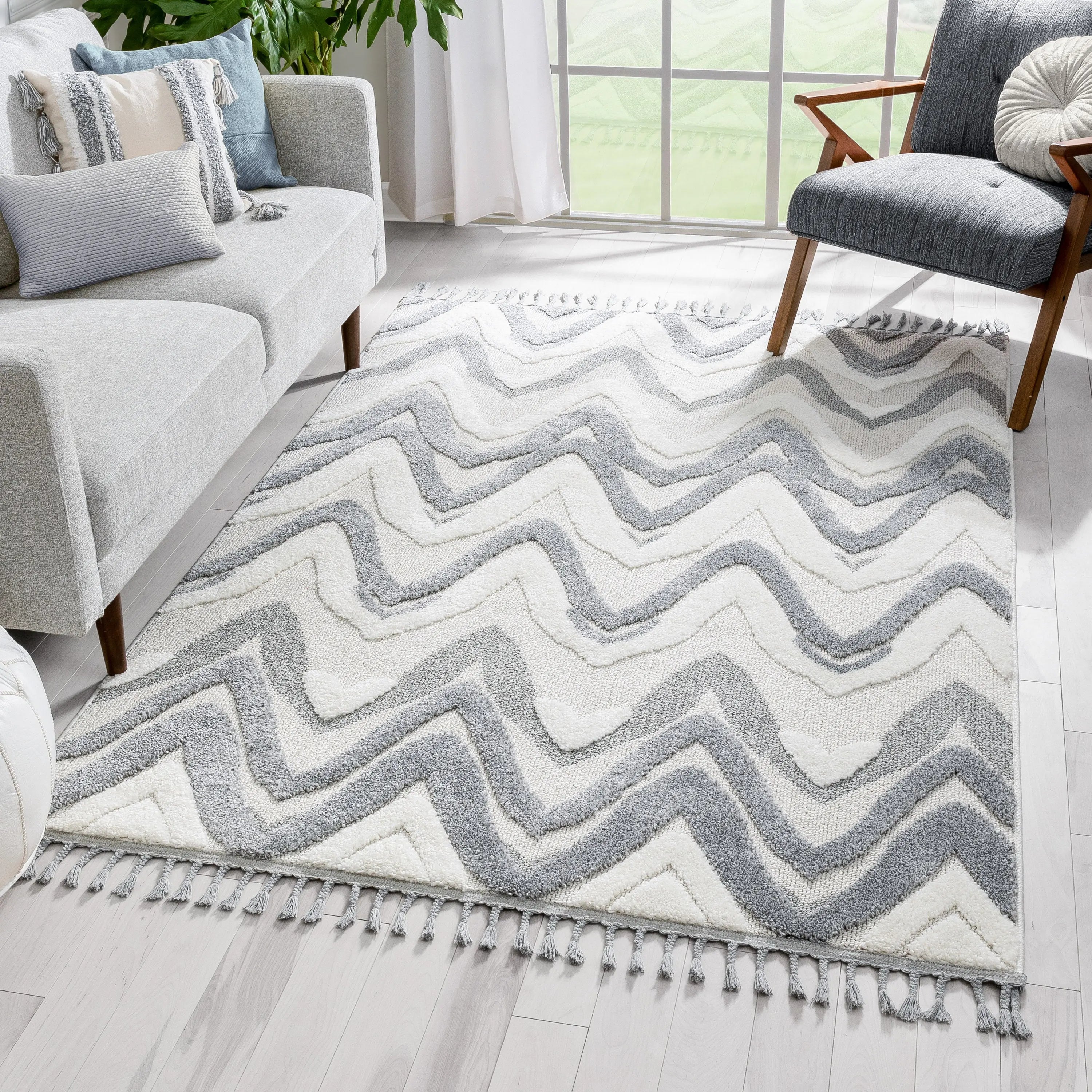 Raelynn Contemporary Chevron Zig-Zag Patter Cream Grey High-Low Textured Rug、mySite、gigharbornorthrealestate