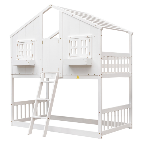 Twin over Twin House Bunk Bed with Roof , Window, Window Box, Door , with Safety Guardrails and Ladder,White、、casual