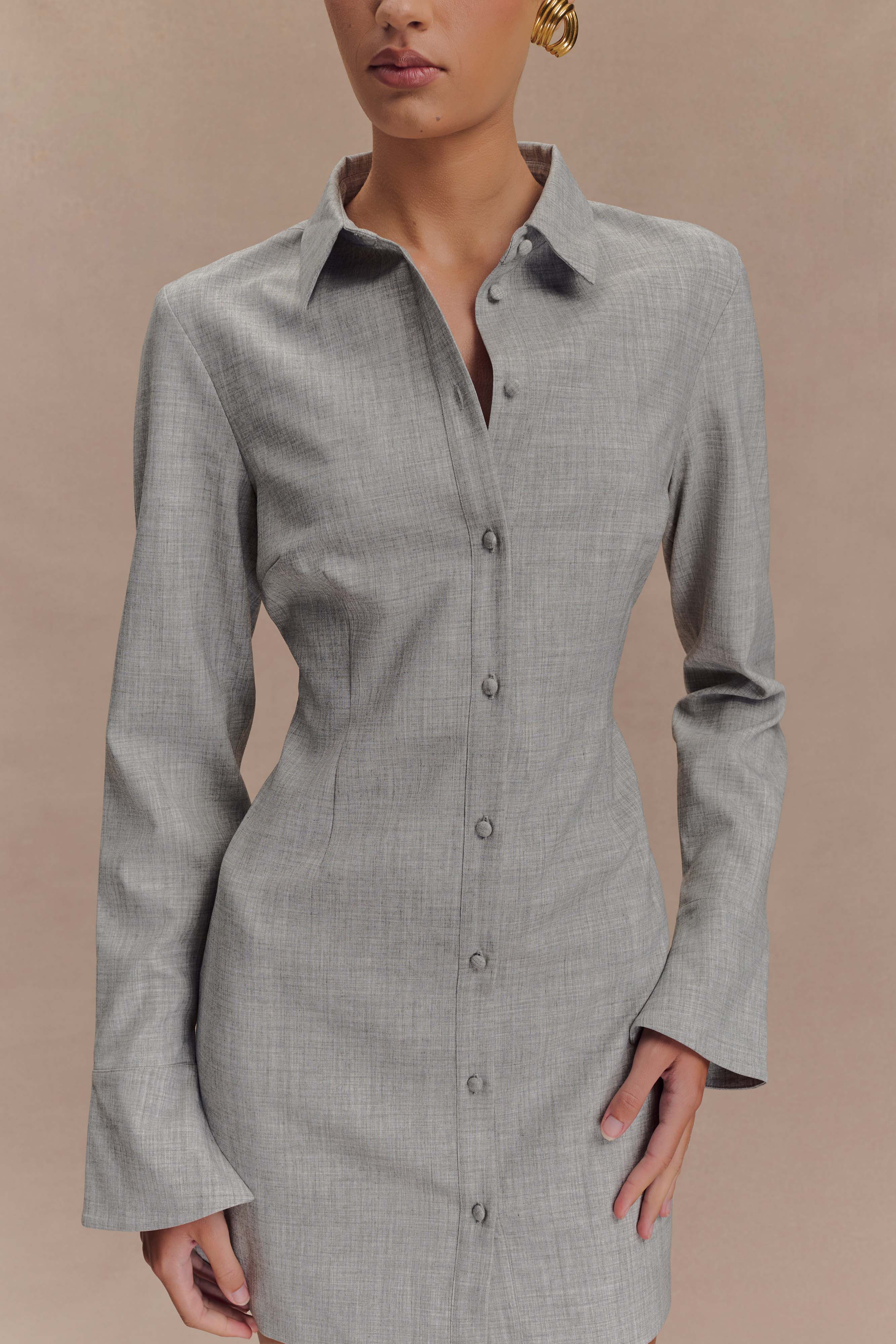 Dorian Fitted Shirt Mini Dress - Charcoal Marle、mySite、solidvoid