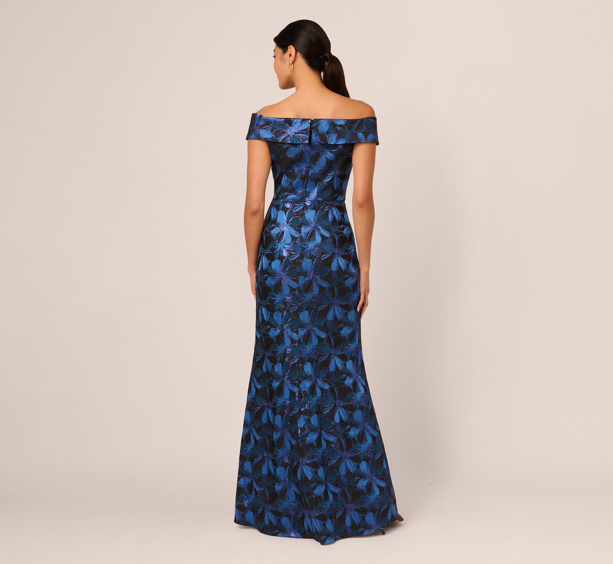 Off Shoulder Jacquard Gown In Blue Multi、mySite、solidvoid