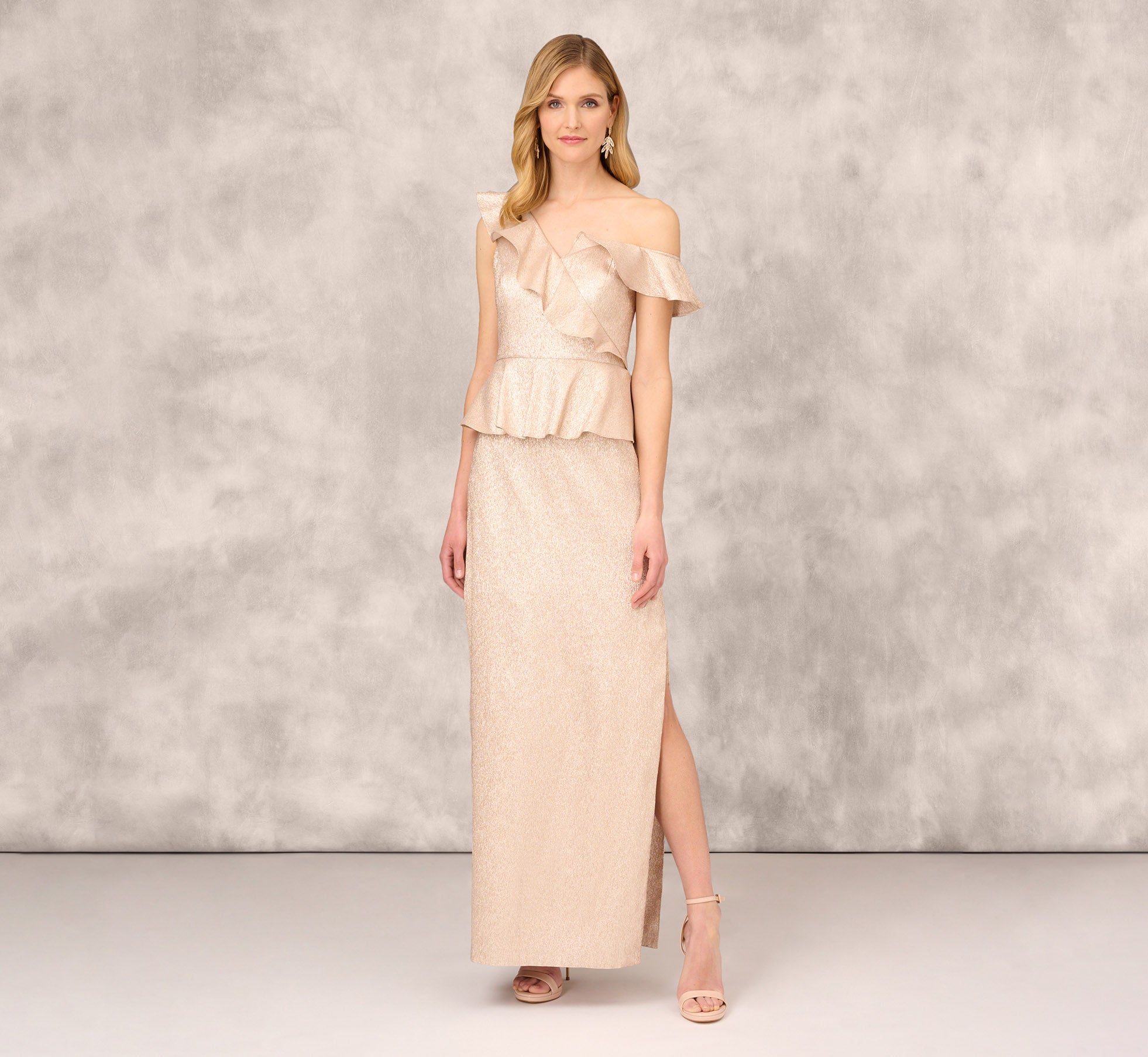 Asymmetrical Column Gown With Ruffle Details In Taupe、mySite、solidvoid