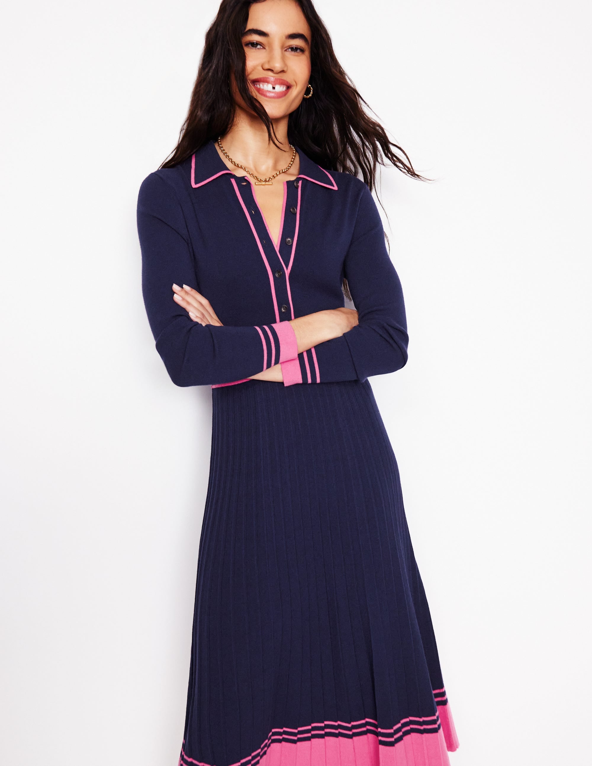  Collared Pleated Knitted Dress-Navy/Pink Colourblock、mySite、ashleygrahame