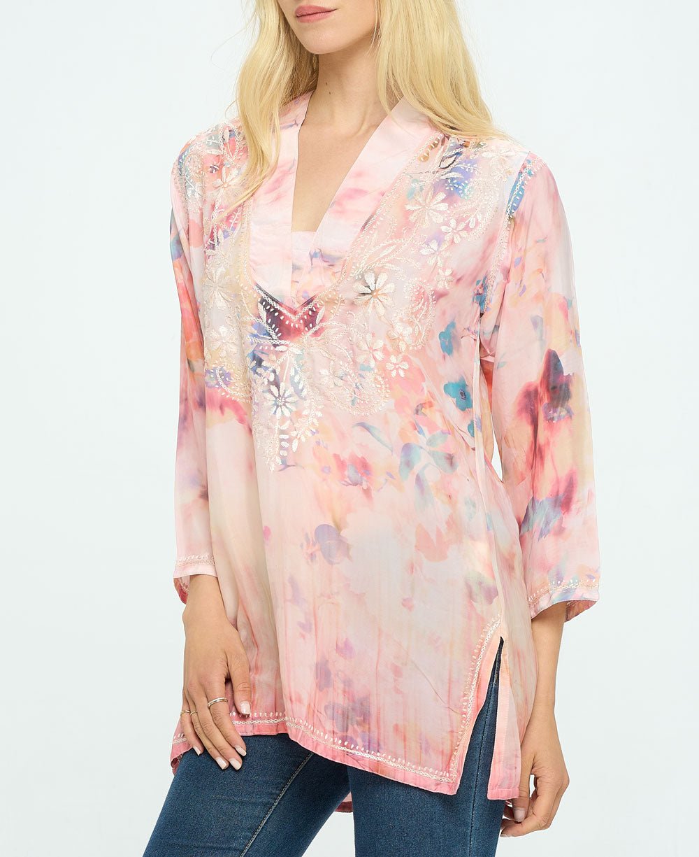 Embroidered Peach Tones V Neck Tunic Top、mySite、topwebapps