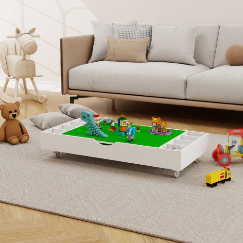 The 2 in 1 Rollaway Play Table and Toy Organizer Compatible with Lego Suitable for Storing Under Bed or Sofa-White (38" x 18.7" x 5.9")、、casual