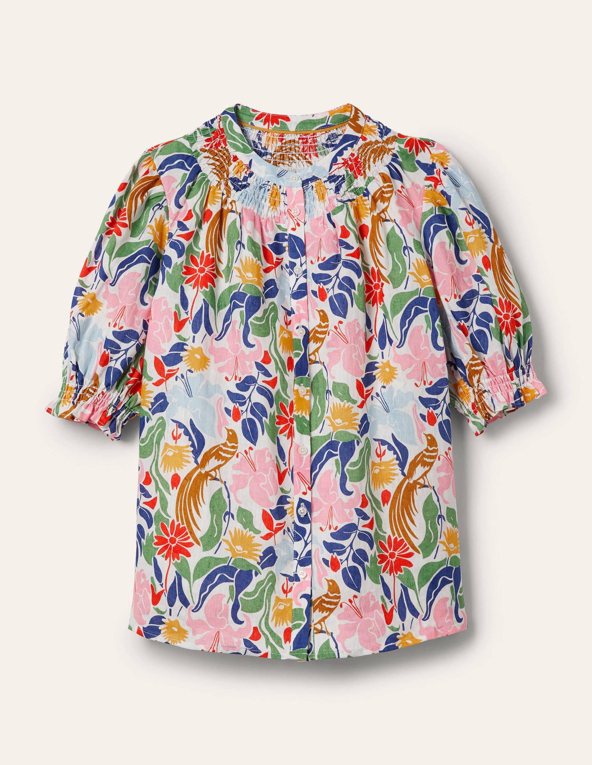  Smocked Short Sleeve Blouse-Ivory, Oriental Bird、mySite、ashleygrahame